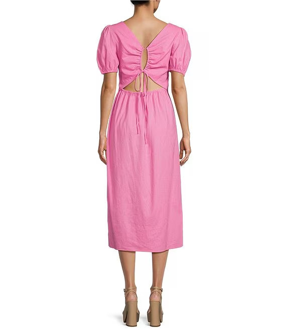 Short sleeved side slit, medium length prom dress